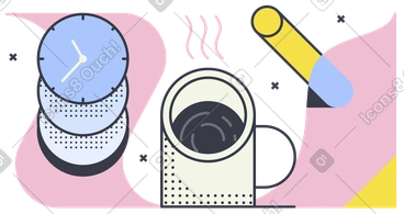 Steaming coffee mug with clock and pen, Boosting focus or recharging creativity PNG, SVG