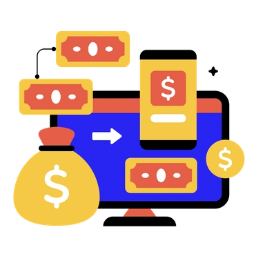 Money symbols and cash on a computer screen - Flat style illustration