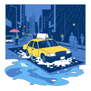 A yellow taxi is splashing through large puddles on a rainy New York City night. The rain is falling heavily, creating ripples in the standing water. The streets are glistening with reflections of the surrounding city lights. The taxi's headlights cut through the darkness, illuminating the wet pavement. Skyscrapers loom in the background, and blurred silhouettes of pedestrians with umbrellas can be seen moving along the sidewalks. The atmosphere is vibrant with a sense of urban energy despite the rain.