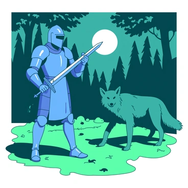 A blue knight in shining armor stands confidently in the center of a green forest clearing. The knight is gripping a silver sword with both hands, poised for action. Across from the knight, a teal werewolf emerges from the shadows of the trees, its fur bristling and eyes reflecting a fierce gaze. The clearing is surrounded by tall, dark green trees, and the ground is covered with patches of moss and fallen leaves, creating a dynamic contrast between the two characters. Moonlight filters through the branches above, casting a dappled light on the scene, highlighting the tension in the air as they prepare for their encounter.