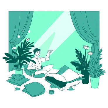 A white speaker with a focused expression is taking deep breaths backstage. The area is surrounded by various calming plants, including ferns and peace lilies, creating a tranquil atmosphere. The backdrop is filled with soft teal curtains draping down, while gentle light filters through, casting a peaceful glow. The floor is adorned with a few scattered cushions in complementary teal and white, providing a comfortable space for relaxation.