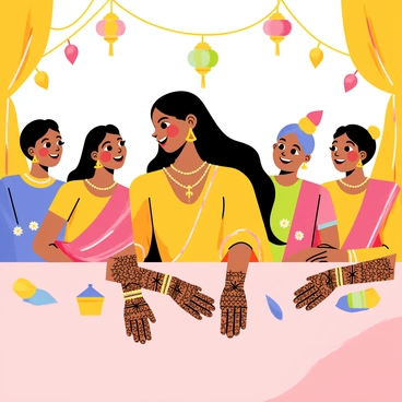 A woman with long, flowing black hair is sitting at a table decorated with colorful fabrics and ornaments. She is adorned with intricate gold jewelry, including earrings, a necklace, and bangles. Her hands are covered in beautiful henna designs, showcasing delicate patterns. Around her, several friends are also dressed in vibrant traditional attire, laughing and sharing joy. The background is filled with bright decorations such as hanging lanterns and floral arrangements, creating a lively atmosphere for the mehandi party.