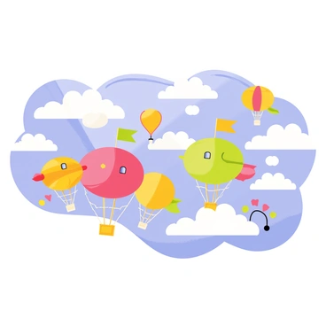 A fleet of colorful airships with vibrant designs is sailing through fluffy white clouds. The airships have different shapes and sizes, including round, elongated, and balloon-like structures. The clouds are soft and billowy, filling the blue sky as the airships glide gracefully among them. Sunlight shines through the clouds, casting a warm glow on the airships. Each airship has small windows and colorful flags waving in the wind, adding to the lively atmosphere of the scene.