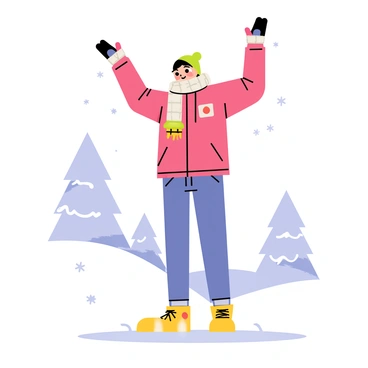 A person bundled up in a thick, colorful winter jacket, wearing a warm hat and gloves, is stretching in the soft, white snow. The individual is standing with arms raised high, showcasing a variety of winter gear. Snowflakes gently fall around them, and a backdrop of snow-covered trees adds to the winter scene. The ground is blanketed in a thick layer of snow, creating a pristine landscape.