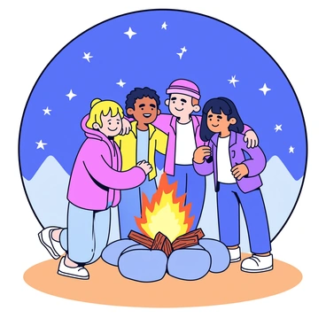 A group of four friends standing closely together, embracing each other warmly around a campfire. The campfire is surrounded by large stones, with bright orange flames flickering and casting a warm glow on their faces. Above them, a starlit sky is visible, filled with numerous twinkling stars. The friends are dressed in casual outdoor clothing, and they appear to be smiling and enjoying the moment together. The ground is covered in a mix of grass and dirt, enhancing the outdoor setting.