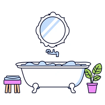 A vintage-style bathroom featuring a white clawfoot tub with elegant curved legs. The tub is filled with bubbles and has a classic silver faucet. Above the tub is an ornate mirror with an intricately designed frame, reflecting the soft lighting in the room. The walls are adorned with subtle pastel wallpaper, and there is a small wooden stool beside the tub holding a neatly folded towel. A potted fern sits in the corner, adding a touch of greenery to the space.