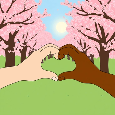 Two hands, one with light skin and the other with darker skin, are coming together to form a heart shape in the center of the image. The fingers are elegantly positioned, creating a clear outline of the heart. In the background, a vibrant park is filled with numerous cherry blossom trees, their branches adorned with clusters of pink flowers. Soft petals are gently falling from the trees, adding to the scenery. The sun casts a warm light, creating a cheerful atmosphere throughout the park, with a few green grass patches visible beneath the cherry blossoms.