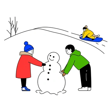 A group of three children is playing in a winter landscape. One child, wearing a red coat and a blue hat, is rolling a large snowball to form the base of a snowman. Another child, dressed in a green jacket, is placing a smaller snowball on top for the head, while the third child, in a yellow snowsuit, is sledding down a snowy hill in the background. The hill is covered with fresh, white snow, and the sky is clear. Trees with bare branches are visible in the distance.
