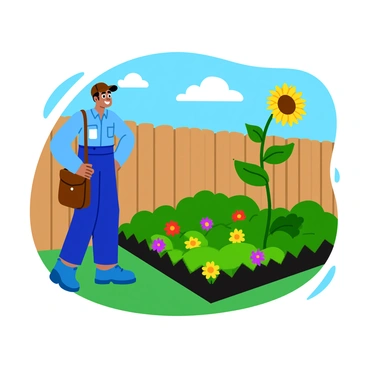 A mailman wearing a blue uniform and a brown cap is pausing to admire a vibrant community garden. The garden is filled with colorful flowers in various shades, including red, yellow, and purple. There are also leafy green vegetables growing in neat rows. The mailman has a mailbag slung over one shoulder, and he is smiling as he looks at a blooming sunflower that towers above the rest. In the background, a wooden fence encloses the garden, and a clear blue sky is visible above.