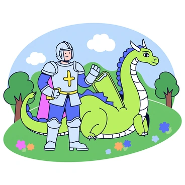 A knight in shining armor stands proudly with a gleaming helmet and a decorated breastplate. The knight holds a sword in one hand, its blade reflecting the sunlight. Beside the knight is a giant dragon with vibrant green scales and large, powerful wings. The dragon's eyes are bright and fierce, while its long tail curls elegantly on the ground. The backdrop features a lush green landscape with rolling hills, trees, and colorful flowers scattered throughout. A clear blue sky is visible above, enhancing the vibrant colors of the scene.