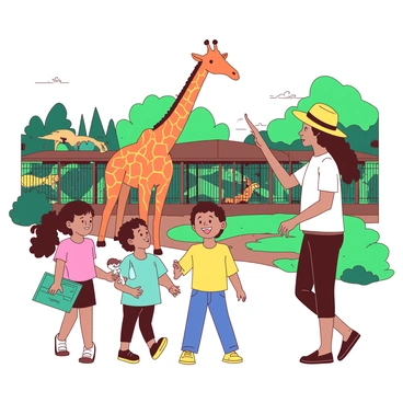 A group of four children is joyfully exploring a zoo, accompanied by their teacher. The children, dressed in brightly colored shirts, are pointing towards an orange giraffe that towers above them in its enclosure. One child is holding a teal map of the zoo, while another is clutching a small white stuffed animal. The teacher, wearing a yellow hat, is smiling and gesturing towards the next exhibit. In the background, there are various cages and enclosures filled with animals, and lush greenery surrounds the area, creating a lively atmosphere.