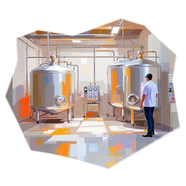 A brewing facility featuring an array of detailed heat exchangers integral to the fermentation process. The interior is spacious, with large stainless steel tanks prominently displayed, reflecting the ambient light. Various heat exchangers are strategically positioned throughout the space, showcasing their intricate piping and connections. The floor is made of polished concrete, and the walls are lined with shelves holding brewing ingredients and equipment. In the background, a brewing operator is monitoring the fermentation process, surrounded by an array of gauges and controls.