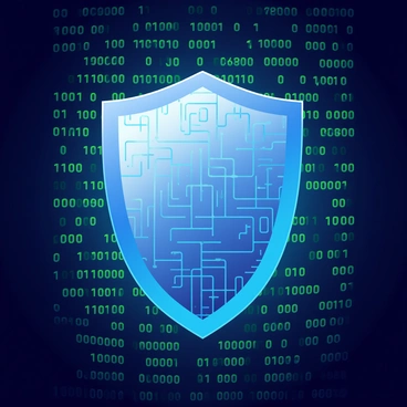 A large digital shield is prominently displayed in the center of the image. The shield is composed of a vibrant blue color with intricate patterns resembling circuit designs. Surrounding the shield is a flowing stream of binary code, represented in green text against a dark background. The binary code appears to be cascading downwards like a waterfall, creating an effect of movement. Each string of zeros and ones glows softly, emphasizing the theme of data encryption. Light reflections shimmer across the surface of the shield, highlighting its glossy texture.