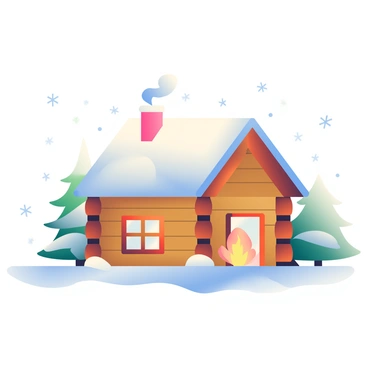 A cozy log cabin with a warm wooden exterior is nestled in a snowy landscape. The roof is covered in a thick blanket of white snow, and smoke is gently curling from the chimney, indicating a fire inside. Soft, white snowflakes are falling around the cabin, creating a serene winter scene. In front of the cabin, there are snow-covered pine trees, their branches heavy with snow. The ground is a smooth, pristine layer of snow, reflecting the soft light of the winter day.