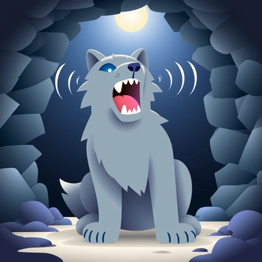 A gray wolf with piercing blue eyes is positioned in the center of a dark cave, its mouth wide open in a howl, revealing sharp white teeth. The cave walls are rugged and uneven, with various shades of dark gray and black stones reflecting the subtle glow of moonlight streaming in from a small opening above. Sound waves, depicted as ripples, are visibly emanating from the wolf's mouth, creating an impression of echoes that bounce off the rocky surfaces. The ground is uneven, covered with patches of dry earth and scattered stones. Shadows loom in the corners of the cave, adding depth to the atmosphere.