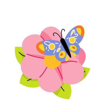 A butterfly with vibrant blue and orange wings, patterned in intricate ahki designs, is resting gracefully on a large pink flower. The flower has soft, delicate petals and a golden center. Green leaves surround the flower, providing a natural backdrop to the scene. The butterfly's antennae are elegantly curled, and its wings are partially open, showcasing the detailed patterns. The sunlight gently illuminates the flower and the butterfly, highlighting their colors and textures.