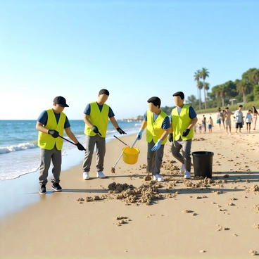 A group of volunteers wearing bright yellow vests is actively cleaning up an oil spill on a sandy beach. They are equipped with gloves and buckets, collecting contaminated sand and debris. The beach features gentle waves lapping at the shore, with a clear blue sky overhead. In the background, there are some palm trees swaying gently in the breeze and a few distant boats on the water. Beachgoers in the distance are observing the cleanup effort, adding a sense of community spirit to the scene.