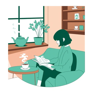 A teal person with short hair is sitting comfortably in a cozy corner of a tea shop. They are holding an open book in their hands, deeply immersed in reading. In front of them, there is a small round table with a steaming white teacup placed on it. The walls of the tea shop are adorned with warm wooden shelves filled with various tea blends. Soft light filters through the window, highlighting the inviting atmosphere of the corner. A small potted plant sits on the table beside the person, adding a touch of greenery to the scene.