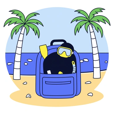A backpack with bright blue fabric is shown, filled with essential diving gear including a black wetsuit, a yellow snorkeling mask, and a pair of fins. The backpack is positioned on a sandy beach with small pebbles scattered around it. In the background, there are tall palm trees with green fronds swaying gently. The ocean is visible in the distance, sparkling under a clear blue sky.