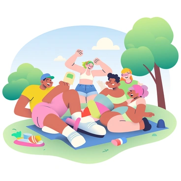 A group of five friends is gathered in a lush green park under a bright blue sky. They are laughing and having fun, with one friend holding a smartphone to capture the moment. Another friend is mid-laugh, with their arms raised, while the others strike playful poses for the camera. The friends are dressed in casual summer clothing; one is in a yellow t-shirt, another in a pink tank top, a third wearing denim shorts, and the last two in colorful dresses. Nearby, a picnic blanket is spread out with snacks and drinks, and a few trees provide dappled shade around them. The atmosphere is lively and cheerful, reflecting a perfect day outdoors.