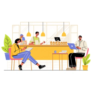 A detailed scene showing a bustling café with various patrons. A woman with curly hair is reading a book while sipping a cup of coffee at a small table. Nearby, a man in glasses is working on a laptop, with a notepad and pen scattered with notes beside him. The café has a wooden counter with pastries displayed under a glass dome. Sunlight streams through large windows, casting shadows on the tiled floor. A potted plant sits in the corner, adding a touch of greenery to the environment.