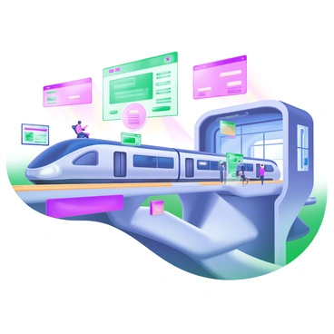 A modern pastel illustration depicting a futuristic transport hub bustling with activity. Sleek, aerodynamic trains are lined up on elevated tracks, their metallic surfaces reflecting light. Interactive holograms project travel information and advertisements, floating above the platforms with vibrant colors. Passengers can be seen engaging with the holograms, pointing and discussing their travel plans. The architecture of the hub features large glass panels and smooth, curving lines, creating a spacious and open atmosphere. Bright, ambient lighting enhances the innovation of the space, while digital screens display real-time updates on train schedules.