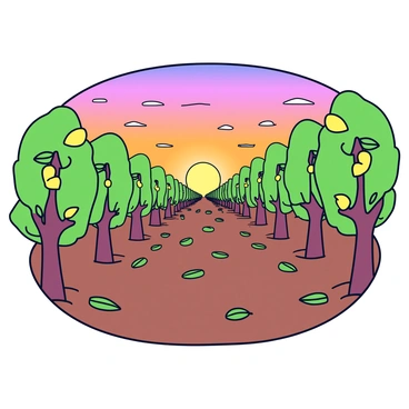 A cashew plantation with rows of green trees stretching into the distance. The sky is filled with gradient shades of orange, pink, and purple as the sun sets on the horizon. In the foreground, the cashew trees have clusters of cashew fruits hanging from their branches. The ground is covered with a mix of brown soil and scattered green leaves. A gentle breeze slightly rustles the leaves on the trees, creating a soft, nature-filled atmosphere.