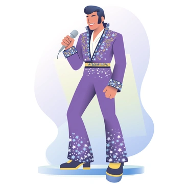 Elvis Presley is wearing a flamboyant purple jumpsuit adorned with sequins and rhinestones, which catches the light. He is holding a silver microphone in his right hand, poised to sing. His hair is styled in his signature pompadour, and he has a confident expression on his face. The background features soft gradient shades of purple and blue, creating a dynamic atmosphere that complements his vibrant outfit. The stage floor is shining with lights, reflecting the energy of the performance.