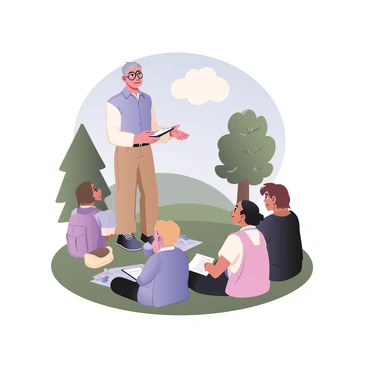 A professor standing on a small patch of grass in a park, giving a lecture to a group of students seated on the grass. The professor has short gray hair and is wearing glasses, a blue button-up shirt, and brown trousers. He has gestured with his right hand, while holding a notebook in his left hand. The students, a mix of diverse backgrounds, are sitting cross-legged on the grass, some taking notes and others looking attentively at the professor. In the background, there are trees with green leaves, and a clear blue sky above, with a few fluffy white clouds. A picnic blanket with a water bottle and a backpack can be seen nearby.