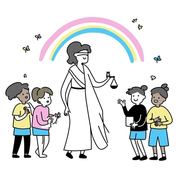 A female figure representing Themis, with a blindfold and a balanced scale in her hand, stands in a vibrant, simplistic landscape. She wears a flowing white robe that sways gently in the breeze. Around her, diverse children of various ethnicities gather, watching her with expressions of curiosity and excitement. They hold small items symbolizing justice, like a tiny gavel and a scroll, in their hands. Above them, a rainbow arcs across the sky, adding a sense of wonder to the scene. Butterflies flutter around, contributing to the playful atmosphere of the illustration.