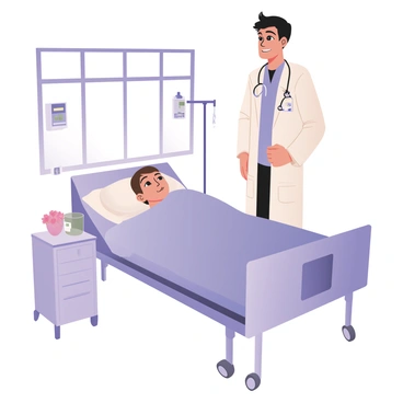 A doctor standing beside a hospital bed, checking on a recovering patient. The doctor is wearing a white lab coat and has short black hair. The patient, a middle-aged person with light skin, is lying in the bed, covered with a light blue blanket. The patient has an expression of relief and is looking up at the doctor. There is a bedside table with a small vase of flowers and a glass of water on it. The room is equipped with medical equipment, including a heart monitor and an IV stand. Natural light is coming through a window, illuminating the scene.