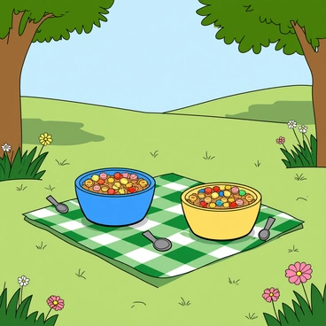 A vibrant picnic setup on a green checkered blanket spread out on soft grass. There are two colorful cereal bowls, one blue and one yellow, filled with colorful cereal pieces. Beside the bowls, there are small spoons resting on the blanket. Around the picnic setup, various elements of nature can be seen, including lush green grass, wildflowers in different colors, and a few small butterflies fluttering nearby. Soft sunlight filters through the leaves of nearby trees, creating gentle dappled shadows on the blanket. In the background, a clear blue sky can be seen, completing the cheerful atmosphere.
