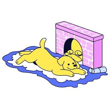 A dog lying comfortably on a soft, fluffy rug next to a fireplace. The dog has a golden coat and a content smile on its face. The fireplace is made of brick and emits a warm glow, illuminating the scene. Small logs are stacked neatly beside the fireplace, and the room has a cozy atmosphere with gentle light reflecting off the walls.