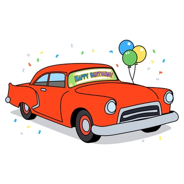 A classic vintage car in a bright red color with gleaming chrome accents and rounded edges. The car is parked at an angle, showcasing its stylish curves. On the front windshield, there is a colorful banner that reads "Happy Birthday" in playful lettering. The background features a few scattered balloons in various colors, including blue, yellow, and green. The card's border is decorated with small, colorful confetti pieces, adding a festive touch to the overall design.