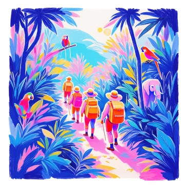 A group of cartoon explorers is trekking through a dense jungle filled with lush, green foliage. The explorers are wearing colorful hiking gear, complete with wide-brimmed hats and backpacks. Surrounding them are various wild animals, including a playful monkey swinging from a branch, a colorful parrot perched on a nearby tree limb, and a curious elephant peeking through the thick bushes. Sunlight filters through the canopy, casting dappled shadows on the forest floor. The scene is vibrant and alive with the sounds of the jungle.