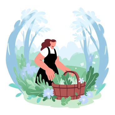 A woman with a dark dress is gathering herbs in a wooden basket. She is surrounded by tall trees, and sunlight filters through the leaves, creating dappled patterns on the ground. Various types of greenery and wildflowers are scattered around her, adding color to the scene. The wooden basket is filled with freshly collected herbs, showcasing a variety of shades of green. In the background, the forest extends into a rich tapestry of vegetation, evoking a sense of abundance and nature.