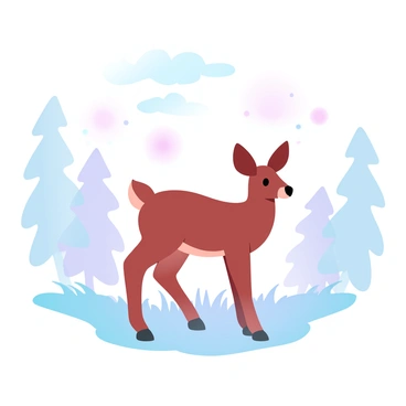 A roe deer standing quietly in a serene forest setting as dusk falls. The deer has a slender body with short legs and is surrounded by gently swaying grass. Glowing fireflies are dancing in the air around the deer, creating small lights in the fading light. The trees in the background are silhouetted against the pastel sky, which transitions from soft blues to warm pinks and purples. The atmosphere feels tranquil, with the deer's posture relaxed as it stands amidst the enchanting glow of the fireflies.