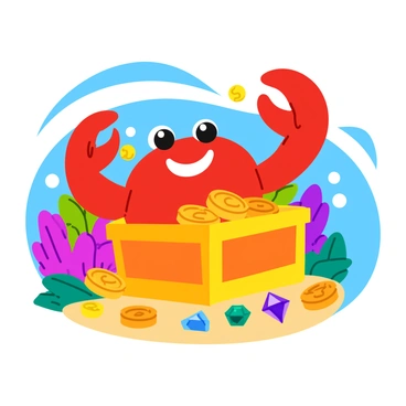 Mr. Krabs, a cartoon crab with a bright red shell and a big smile, is gleefully discovering a treasure chest. The chest is open, overflowing with shiny gold coins that reflect light and create a dazzling effect. Surrounding Mr. Krabs are glimmering gems and jewels, adding to the sense of treasure. His claws are raised in excitement, and the background features an underwater scene with colorful coral and playful fish swimming nearby. The overall atmosphere is lively and cheerful.