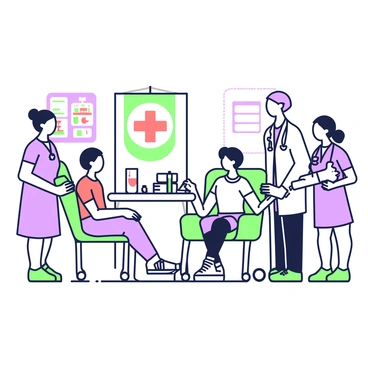 A blood donation drive is taking place inside a hospital setting. In the foreground, there are several donors seated on comfortable chairs, with nurses and staff members standing beside them, providing support and guidance. The donors, of varying ages and backgrounds, have their sleeves rolled up and are connected to blood donation equipment. The nurses are wearing scrubs and are holding clipboards, while one nurse is gently talking to a donor, ensuring they feel at ease. In the background, there are banners promoting the blood donation event, along with tables displaying informational brochures and refreshments for the donors. The environment is well-lit, creating a welcoming atmosphere.