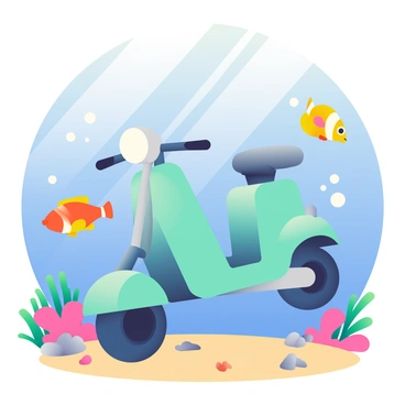 A whimsical illustration of an electric moped made to look like it's underwater