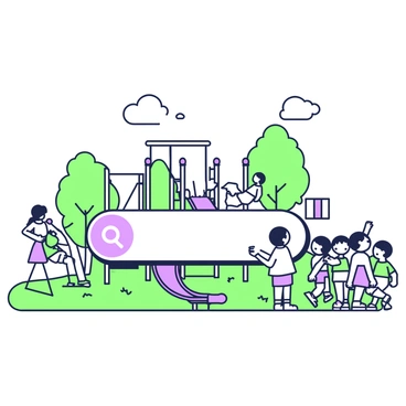 A playground scene filled with children engaged in various activities. In the foreground, there is a large search bar prominently displayed, featuring a rectangular shape with rounded edges. Surrounding the search bar, kids are playing on swings, sliding down a slide, and climbing on a jungle gym. To the right, a group of children is gathered, discussing and pointing towards the search bar. In the background, there are trees providing shade, and a few fluffy clouds can be seen in the sky above.