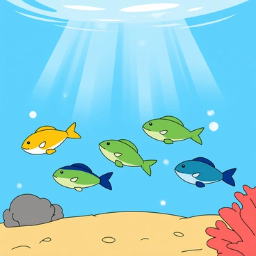 A colorful shoal of fish swimming gracefully in clear blue water. Sunbeams filter down from the surface, creating shimmering patterns of light on the sandy ocean floor. The fish come in various colors, including bright yellows, vibrant blues, and iridescent greens. They are small and sleek, darting around playfully in a synchronized manner. A few pieces of coral can be seen in the background, adding texture and depth to the underwater scene. Bubbles rise gently towards the surface, completing the lively atmosphere of the underwater world.