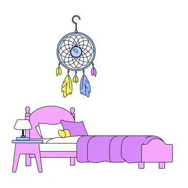 A dream catcher with a hook shape is hanging from the ceiling. The dream catcher features a circular frame adorned with intricate patterns. Colorful threads and feathers dangle from the frame, and radiant, vibrant dream-like images are woven into the netting, depicting various shapes and colors. The bedroom is simple, with a soft bed covered in pastel-colored linens. A small nightstand is placed beside the bed, holding a softly glowing lamp.