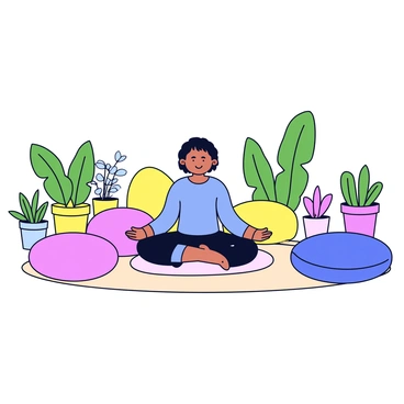 A cozy chill-out zone featuring several large floor cushions in soft colors. In the center, a person is sitting cross-legged, meditating peacefully with a calm expression. Surrounding the individual are various houseplants in different sizes, including tall leafy ferns and small succulents, creating a green and inviting atmosphere. The floor is covered with a simple, light-colored rug that enhances the tranquil feel of the space.