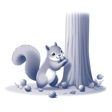 A playful squirrel is positioned near a sturdy tree trunk, engaged in the act of stuffing its cheeks with chestnuts. The squirrel has a bushy tail curled behind it, and its small, round eyes are focused intently on the food. The textured bark of the tree trunk provides a natural backdrop, and scattered fallen leaves and acorns lie on the ground around the squirrel, adding to the woodland setting. The scene captures a moment of energetic activity as the squirrel collects its seasonal bounty.