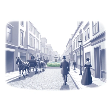 A bustling street lined with historic buildings and cobblestone pavement. Horse-drawn carriages travel down the road, guided by drivers dressed in period attire. Elegantly dressed pedestrians walk along the sidewalk, with men in top hats and women in long dresses adorned with lace and ribbons. Street lamps are positioned along the curb, adding to the atmosphere of the late 19th century. A fountain can be seen in the background, surrounded by greenery.