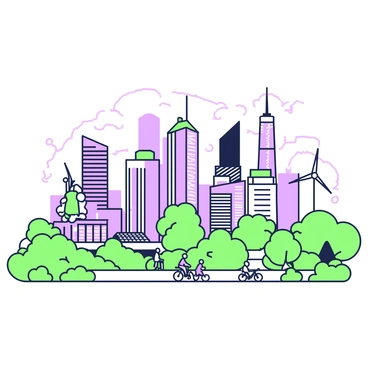 A futuristic cityscape is visible with towering skyscrapers that have sleek, modern designs. The skyline is dotted with numerous wind turbines atop the buildings, their blades spinning gently in the breeze. Solar panels are prominently featured on the rooftops, gleaming in the sunlight. In the foreground, there are lush green parks interspersed throughout the city, providing a contrast to the urban environment. People are seen walking and biking along wide pathways, surrounded by greenery. The sky is clear, emphasizing the bright and advanced nature of the city.