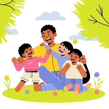 A cartoon-style illustration of a joyful family gathering in a sunny park. In the center, a character resembling "Maradona" is smiling and embracing two young children, who are both laughing. The scene includes lush green grass and a few colorful flowers scattered around, adding a playful touch. Bright sunlight shines down, casting soft shadows and illuminating the happy expressions on their faces. In the background, there are trees with vibrant leaves, and a clear blue sky with a few fluffy white clouds.