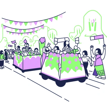 Floats adorned with tulips are parading through a lively street festival. Each float is decorated with an array of tulips arranged in various patterns. Some floats feature large, vibrant floral displays, showcasing the tulips in a neat row. There are people walking alongside the floats, wearing festive clothing and smiling as they wave to the crowd. The street is lined with spectators, some holding small flags, while others are capturing the moment with cameras. Colorful banners hang above, fluttering in the breeze, adding to the festive atmosphere of the event.