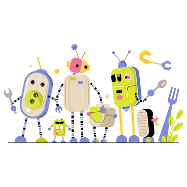 A collection of imaginative robots made out of sardine tins and other recycled materials. One robot has a body constructed from a shiny sardine tin, with its head fashioned from a bottle cap and eyes made from buttons. Another robot features arms made of colorful straws and legs created from bent spoons. There is a small robot holding a wrench made from a fork and a chest made from a cereal box. The scene includes various other recycled materials scattered around, like plastic bottle tops and used cardboard, enhancing the creative atmosphere. Each robot has a unique personality, expressed through their design and arrangement in the composition.
